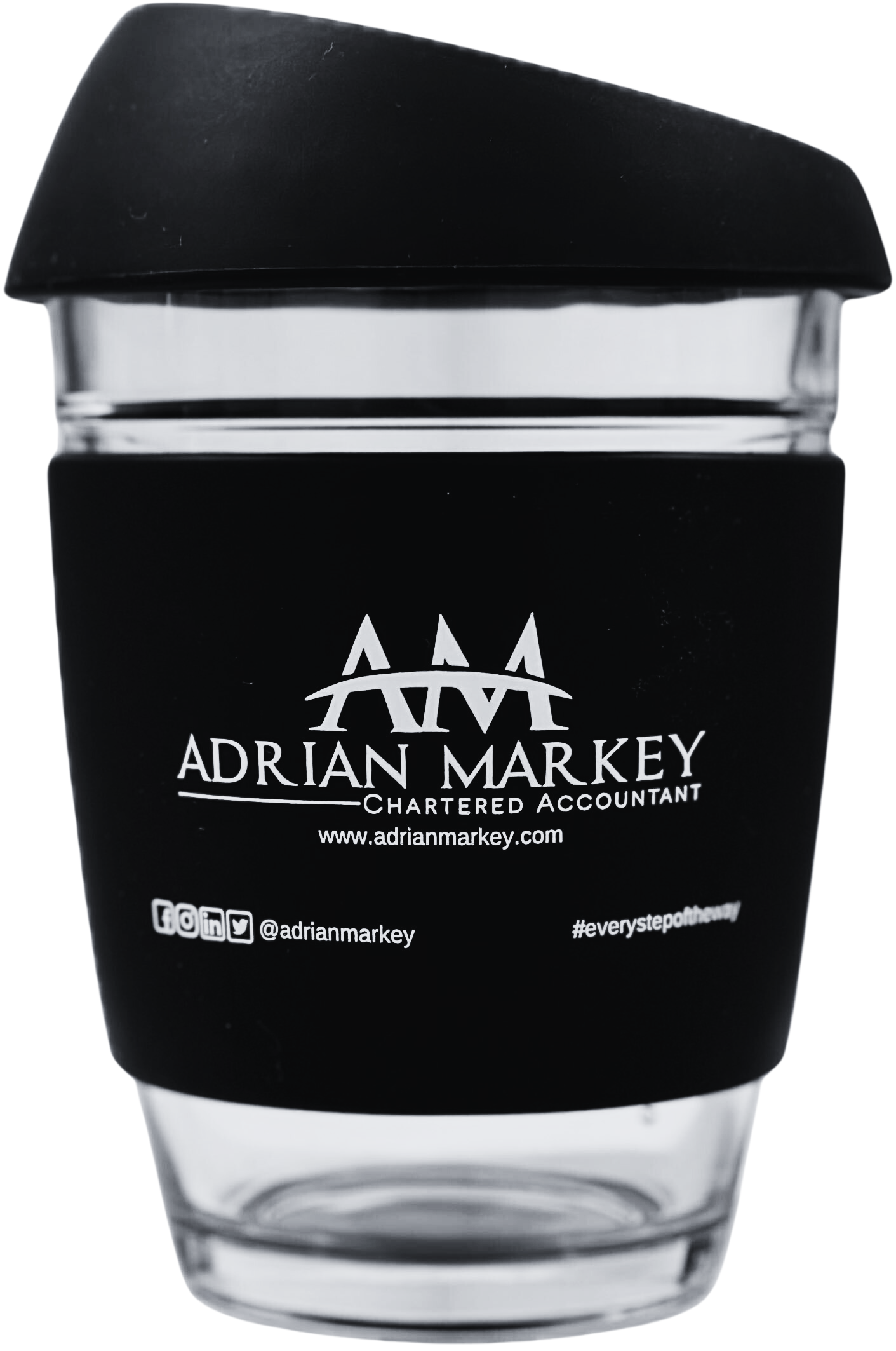12oz glass coffee cup with silicon lid and adrian markey practice logo